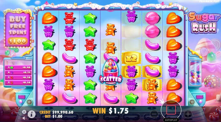 Mecánica de cascada con multiplicador en el juego Sugar Rush